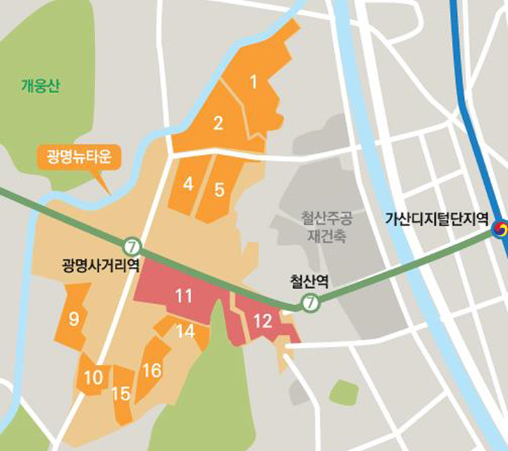 '광명뉴타운' '재개발' 구역별 위치도다.