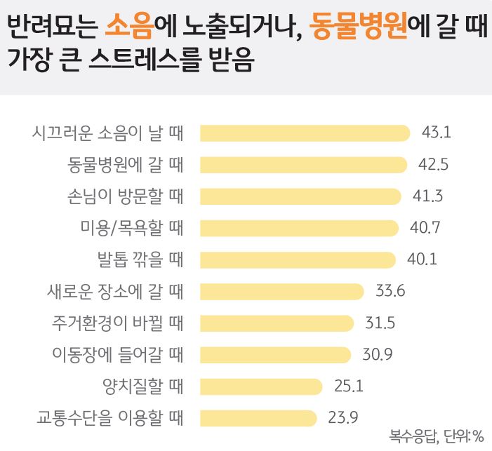 '반려묘'는 '소음에 노출'되거나, '동물병원에 갈 때' 가장 큰 '스트레스'를 받음을 나타내는 그래프.