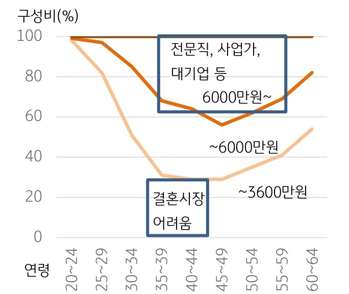 통계청에서 시행한 남성의 연령별 소득 분포표 그래프. 연소득 3,600만 미만의 '결혼시장' 소외층이 청년층에서 약 30%로 나타나고 있다.
