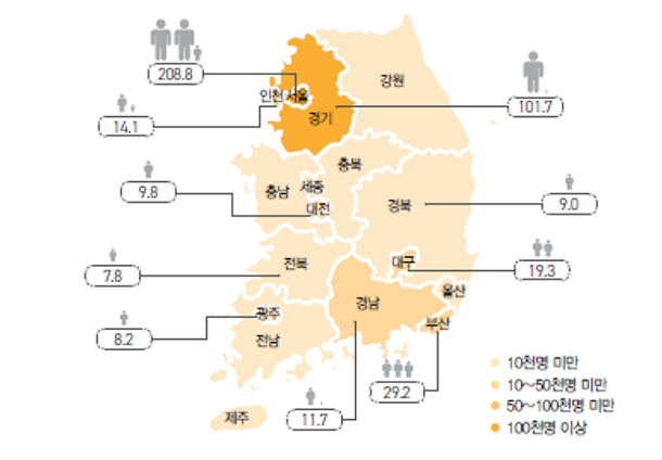 행정 구역 '지역별'로 '한국 부자' 수 현황을 파악한 이미지다.