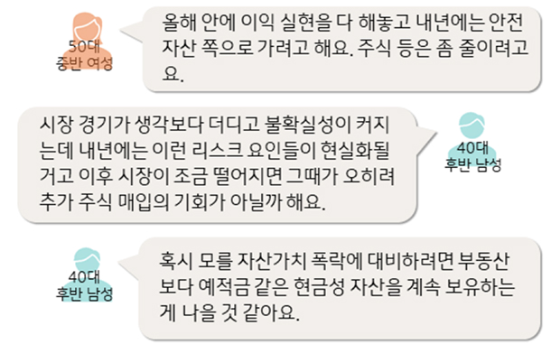 '한국 부자'에게 듣는 미래 '자산운용' 대응 계획을 정리한 이미지다. 50대 중반 여성 1명과 40대 후반 남성 2명의 이야기이다.