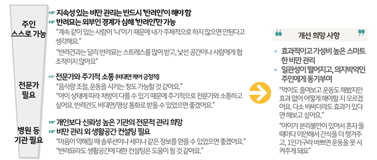 '비만 반려동물' '관리 주체' 및 '개선 희망 사항'을 정리한 텍스트이다.
