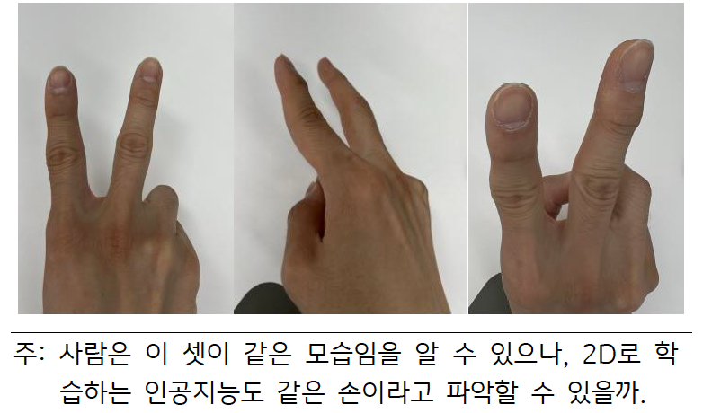 브이하는 '손 모양'을 각도에 따라 찍은 사진들이다. 사람은 이 셋이 같은 모습임을 알 수 있으나, 2D로 학습하는 '인공지능'은 같은 손이라고 파악할 수 없다.