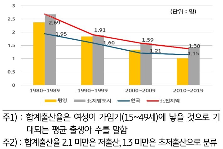 남북한 합계'출산율'을 평양, 지방도시, 한국, 전지역으로 구분지어 시대별로 그래프를 통해 정리하였다.