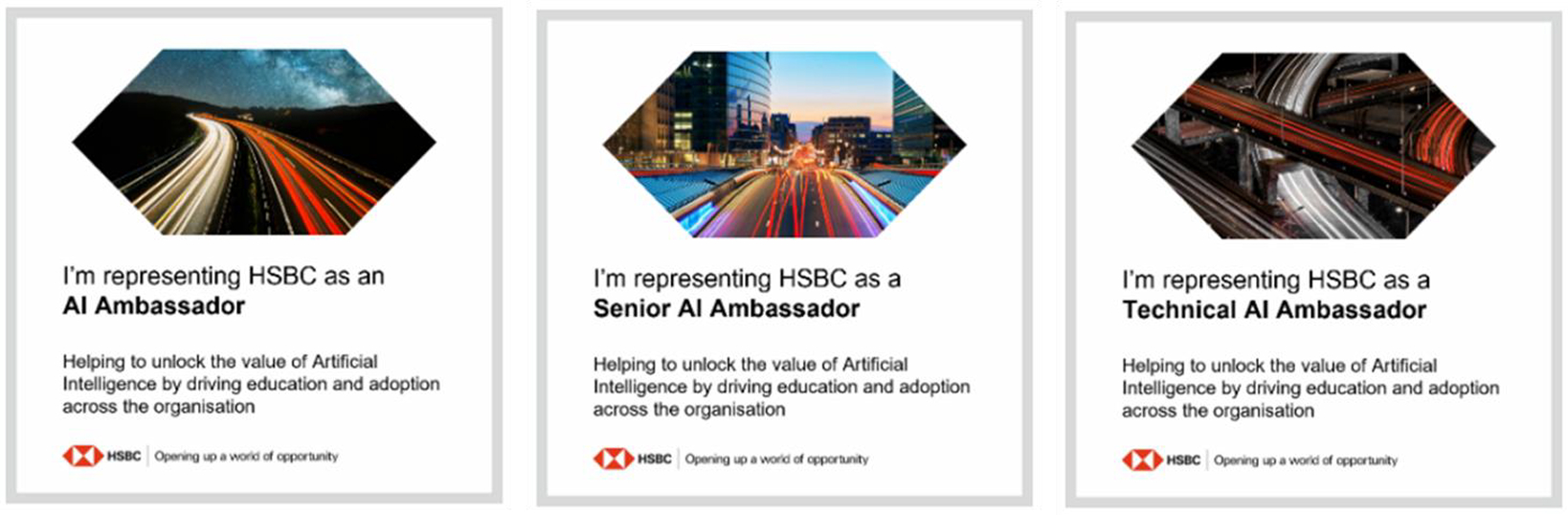 'HSBC'의 'AI 앰배서더' 프로그램 소개이다. 비즈니스 AI 앰배서더, 시니어 AI 앰배서더, 테크니컬 AI 앰배서더가 있다.