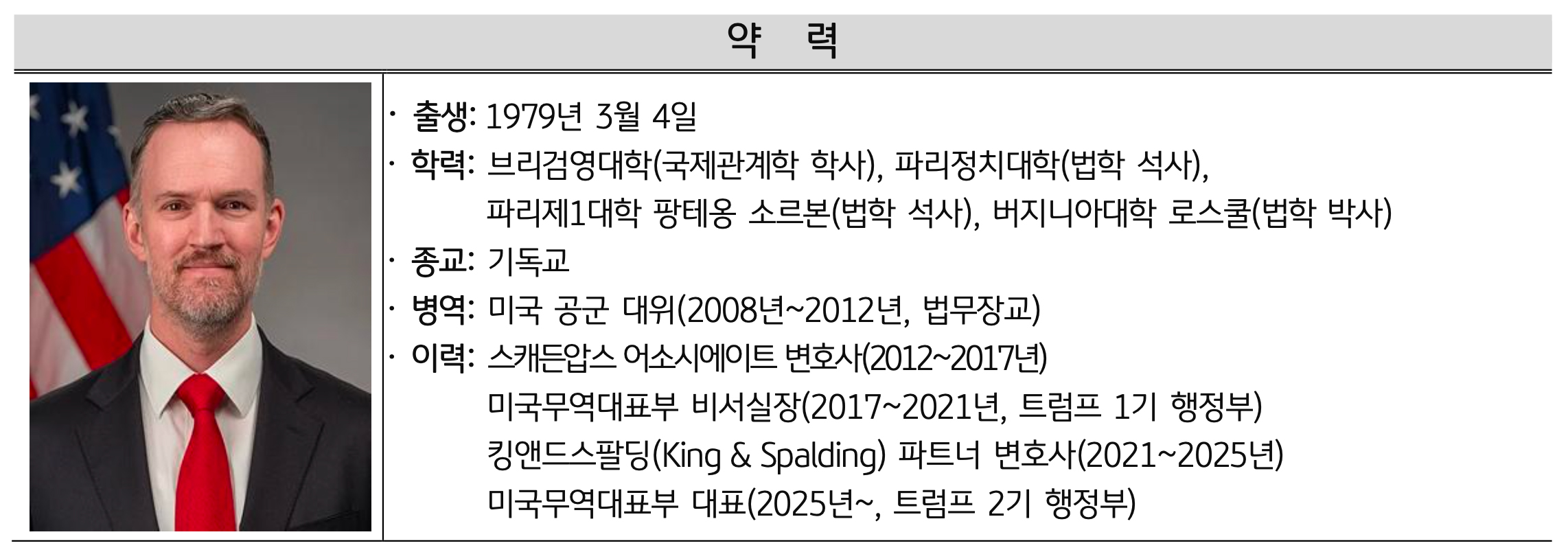 제이미슨 그리어(현 USTR 대표)의 '약력'이다. 출생부터 학력, 종교, 병역, 이력까지 자세하게 적혀있다.