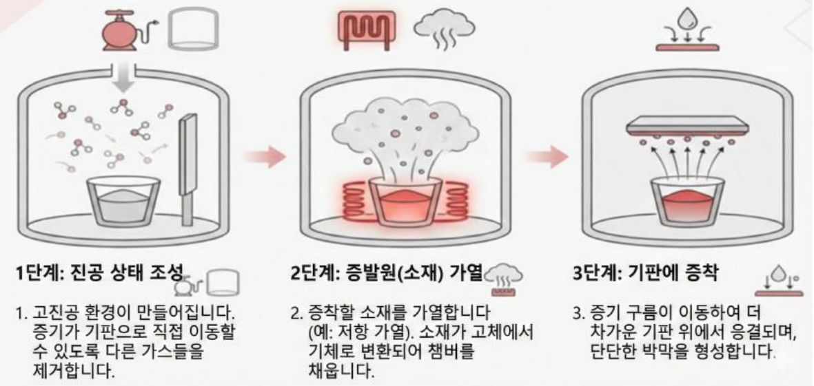 '진공 증착의 3단계를 설명하는 다이어그램'입니다. 1단계 진공 상태 조성, 2단계 증발원 가열을 통한 기체화, 3단계 기판에 증기가 응결되어 박막을 형성하는 과정을 도식화하여 보여줍니다.