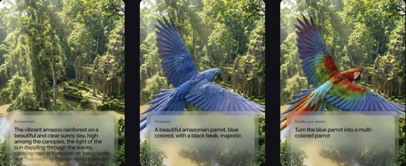 '구글의 프로젝트 지니 3가 프롬프트에 따라 가상 환경을 생성하고 파란 앵무새를 다채로운 색으로 변형하는 과정을 보여주는 예시 화면'이다.
