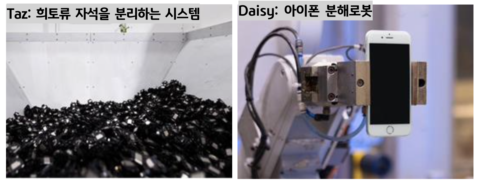 '희토류 자석 분리 시스템인 Taz와 아이폰 분해 로봇인 Daisy의 실제 가동 모습을 소개'한다.