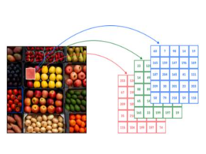 IBM 자료로, 이미지의 '벡터 임베딩 원리를 설명'한다. 과일들이 담긴 격자 형태의 사진에서 '특정 영역을 추출하여, 이를 컴퓨터가 연산할 수 있는 삼색 채널의 숫자 배열 리스트로 변환하는 과정'을 보여준다.