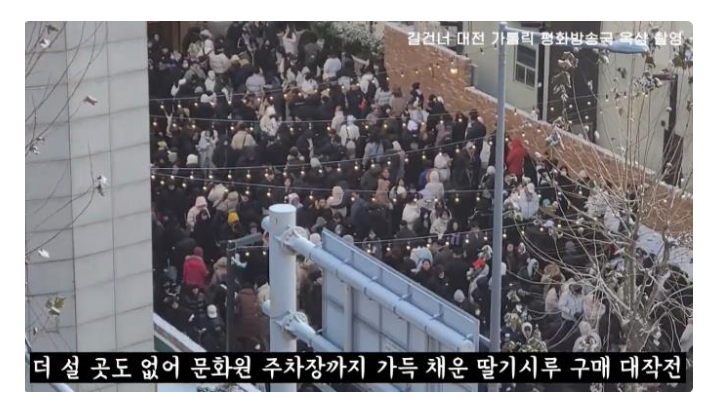 '성심당 딸기시루 케이크를 구매하기 위해 많은 사람들이 줄을 서서 기다리는 모습'을 보여주는 사진이다.