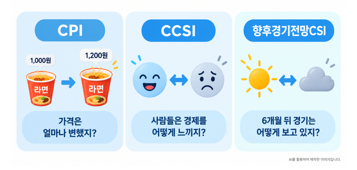 'CPI'는 라면을 통해 가격은 얼마나 변했지?, 'CCSI'는 사람들은 경제를 어떻게 느끼지?, 향후경기전망CSI는 6개월 뒤 경기는 어떻게 보고 있지?라고 표현하고 있어요.