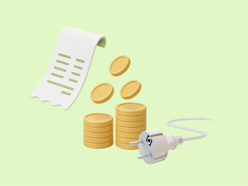전기요금 인하 소식 및 6월부터 바뀐 자영업자 전기요금 안내 문구와 콘센트, 지폐, 동전 일러스트가 그려진 연두색 배경의 이미지
