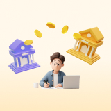 돈이 이동하고 있는 은행 건물 앞에서 사장님이 노트북으로 개인사업자 대출 갈아타기를 알아보고 있다.