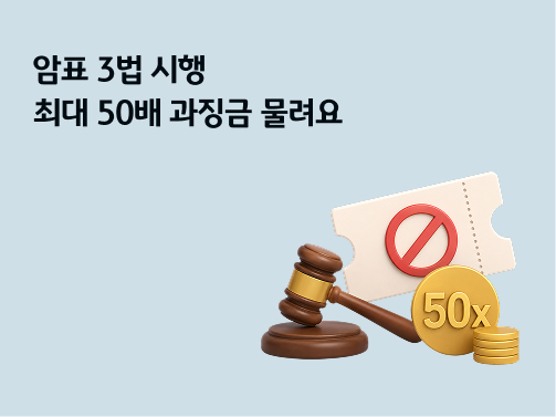 암표 3법 시행으로 최대 50배 과징금을 부과한다는 내용과 법봉, 금지 표시가 된 티켓, 50x 동전 일러스트가 포함된 배너 이미지