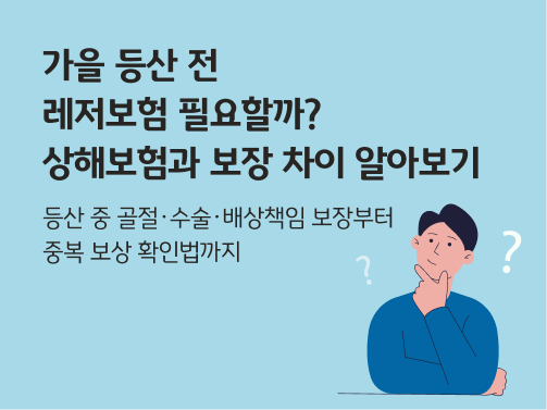 고개를 갸웃하는 사람의 모습. 왼쪽 상단에 '가을 등산 전 레저보험 필요할까? 상해보험과 보장 차이 알아보기'라고 적혀 있다.