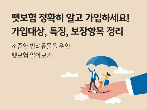 손바닥 위에 우산을 쓴 사람들이 있는 일러스트레이션. 왼쪽 상단에는 '펫보험 정확히 알고 가입하세요! 가입대상, 특징, 보장항목 정리'라고 적혀 있다.
