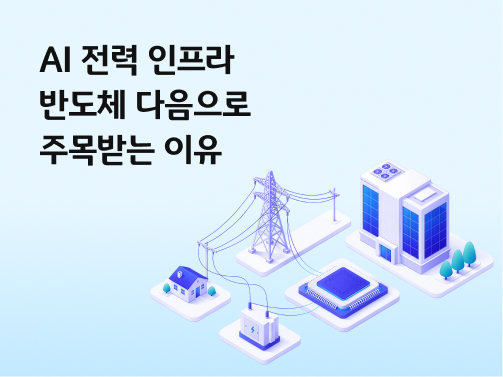 I 데이터센터와 송전망, 전력 설비가 연결된 모습으로 데이터센터 전력 수요 증가와 전력 인프라 시장 변화를 표현한다.