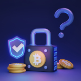 자물쇠에 비트코인 로고가 그려져 있고 왼쪽엔 방패 오른쪽엔 물음표가 있다.