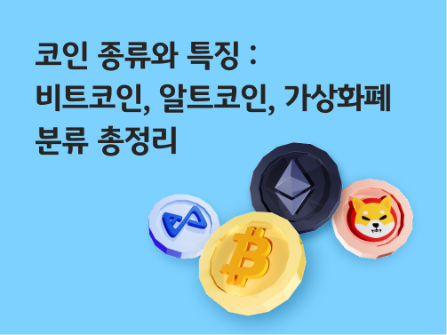 “코인 종류와 특징: 비트코인, 알트코인, 가상화폐 분류 총정리” 하늘색 배경에 비트코인, 이더리움 등 4가지 코인이 있습니다.