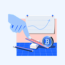 책상 위에 꺾은선 그래프와 연필, 지우개, 자, 비트코인 로고가 그려진 코인이 있습니다.