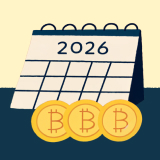 2026 달력과 비트코인이 그려진 일러스트레이션. 암호화폐 전망을 상징한다.  