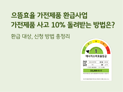 “으뜸효율 가전제품 환급사업 | 가전제품 사고 10% 돌려받는 방법은? 환급 대상, 신청 방법 총정리” 에너지소비효율등급 1등급 라벨이 있습니다.