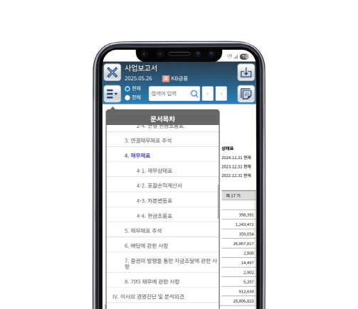사업보고서의 목록에서 재무제표를 누르면 기업의 재무제표를 볼 수 있다.