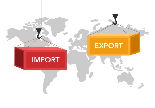 세계지도를 배경으로 왼쪽엔 'import', 오른쪽엔 'export'라고 써있는 컨테이너 박스가 있다.