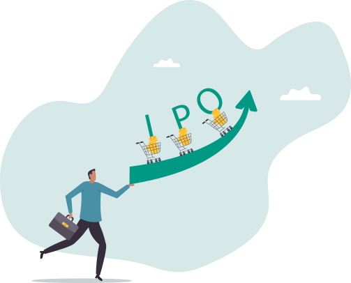 상승 그래프에 IPO라는 글씨가 써있고, 쇼핑카트에 동전이 담겨있다.