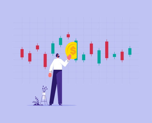 주식 캔들차트에 동전을 넣는 모습의 일러스트다.