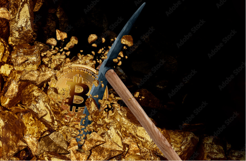 곡괭이로 비트코인 로고가 새겨진 금화를 내려치는 모습. 금이 산산조각나며 흩뿌려지고 있다. 코인 채굴을 비유적으로 나타낸다.