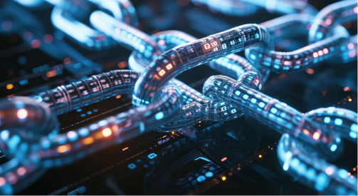 빛나는 디지털 체인이 서로 연결된 모습.  코인 채굴 관련 내용에 등장하는 블록체인 네트워크의  데이터 연결성과 보안을 상징적으로 표현했다. 