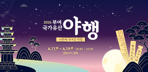 부여 야행 포스터. 밤하늘과 달을 배경으로 정림사지 오층석탑과 다양한 전통 문양 묘사