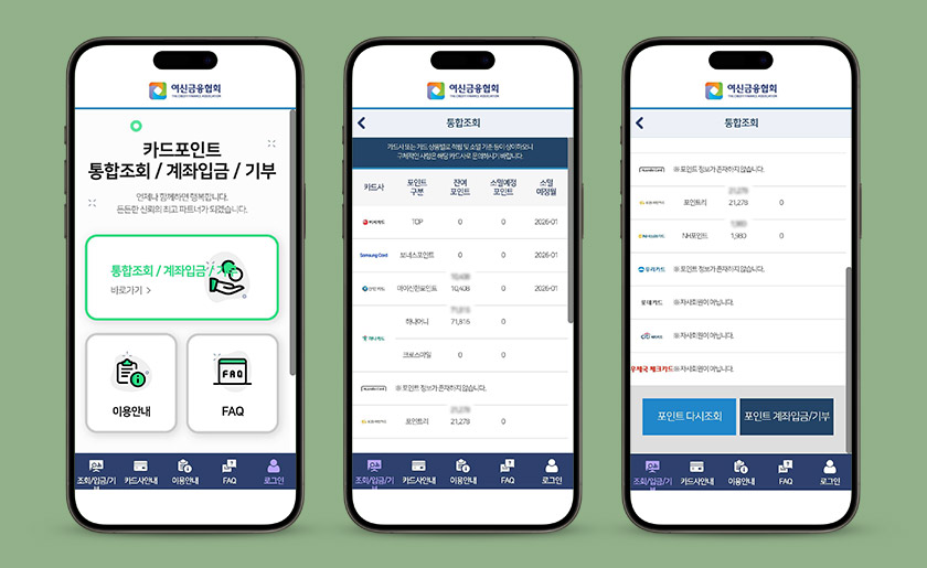 스마트폰으로 보는 여신금융협회 카드포인트 통합조회 사이트. 통합조회 화면에서 카드사, 잔여포인트, 소멸예정포인트, 소멸예정일 등을 확인할 수 있다.