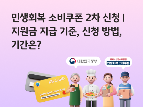 “민생회복 소비쿠폰 2차 신청 | 지원금 지급 기준, 신청 방법, 기간은?” KB CARD라고 적힌 카드가 있습니다. 오른쪽에는 4명의 소상공인이 있습니다. 소상공인 위에 말주머니로 ‘대한민국정부’, ‘회복과 성장의 마중물 민생회복 소비쿠폰’이라고 적혀 있습니다.
