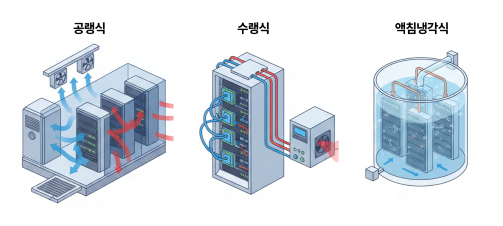 데이터 센터의 냉각 기술은 공랭식에서 수랭식, 나아가 액침 냉각식으로 발전하고 있다. 특히 AI가 활성화 되며 냉각 기술이 더욱 중요해지고 있다.