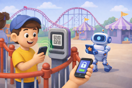 놀이공원에서 대기하며 어플을 이용해 새로운 게임을 즐길 수 있다.