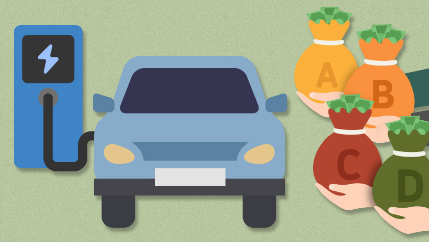 충전 중인 전기차와 그 옆에 보조금을 내미는 여러 손이 보이는 일러스트레이션. 