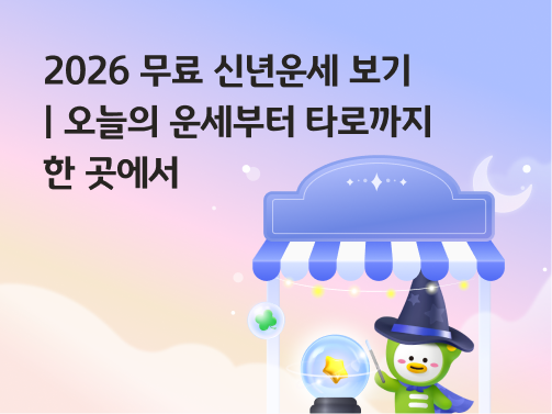 KB국민은행 스타프렌즈 캐릭터 아거가 마법사 모자를 쓰고 수정구슬을 보고 있다.  무료 신년운세, 오늘의 운세, 타로까지 볼 수 있음을 안내한다.