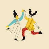 두 사람이 서로를 보며 하이파이브를 하고 있다.