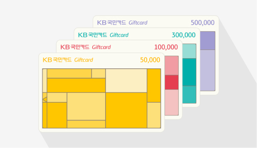 KB국민 기프트카드 네 종류. 각각 5만원(노란색), 10만원(빨간색), 30만원(청록색), 50만원(보라색) 권종이다.