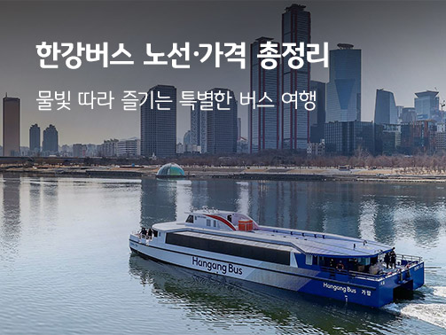 한강에 떠있는 한강버스 사진으로, 한강버스 노선 요금 총정리라는 글씨가 적혀있다.