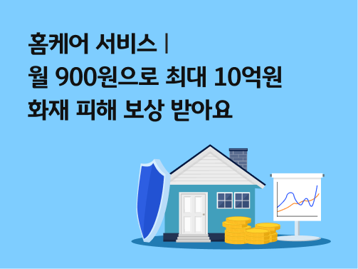 “홈케어서비스 | 월 900원으로 최대 10억원 화재 피해 보상받아요” 방패와 주택, 금색 동전 여러 개와 꺾은선 그래프가 있습니다. 