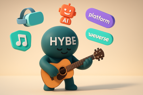 이마에 HYBE라고 써있는 캐릭터가 기타로 연주하고 있고 주위에 스마트 글래스, AI, 플랫폼, 위버스, 음표가 떠있다.