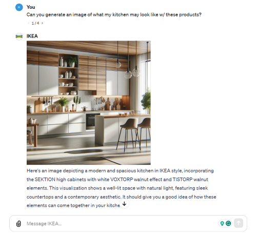 이케아는 2024년 OpenAI의 GPT Store에 ‘이케아 AI 어시스턴트(IKEA AI Assistant)’를 공개했다. 이케아 AI 어시스턴트에게 주방 인테리어를 물어본 채팅이다.