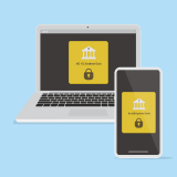 노트북과 스마트폰이 있고 각 화면에 공동인증서를 상징하는 은행 및 자물쇠 아이콘이 있다.  인증서 가져오기 내보내기를 상징한다.