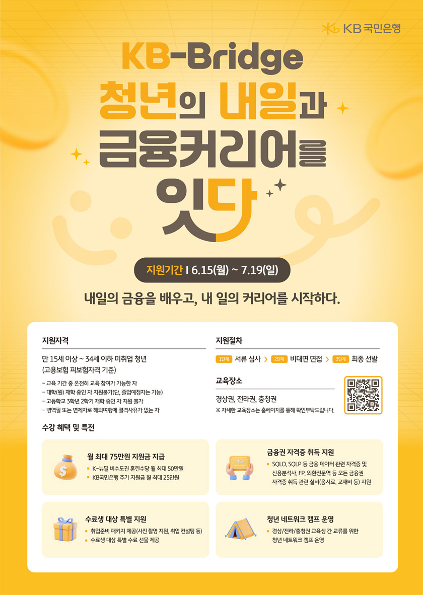 현대적인 빌딩을 바라보는 청년들의 뒷모습과 '취준 청년을 위한 확실한 지원! K-뉴딜 아카데미 - 대기업 직무 교육, 누구나 참여할 수 있어요' 텍스트가 담긴 홍보 배너