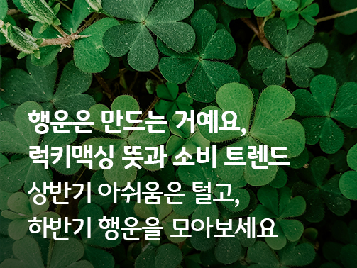 초록색 세잎클로버들이 가득한 배경 위에 '행운은 만드는 거예요, 럭키맥싱 뜻과 소비 트렌드. 상반기 아쉬움은 털고, 하반기 행운을 모아보세요'라는 문구가 적힌 메인 이미지