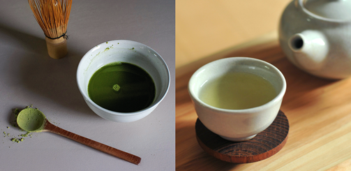 왼쪽에는 말차, 오른쪽에는 녹차가 담겨있다.